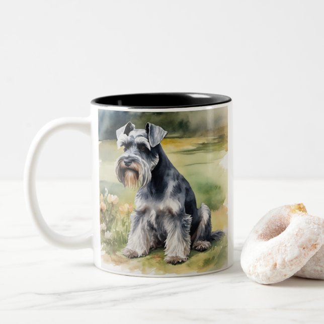 Tasse 2 Couleurs Schnauzer miniature dans le jardin - Aquarelle (Avec donut)