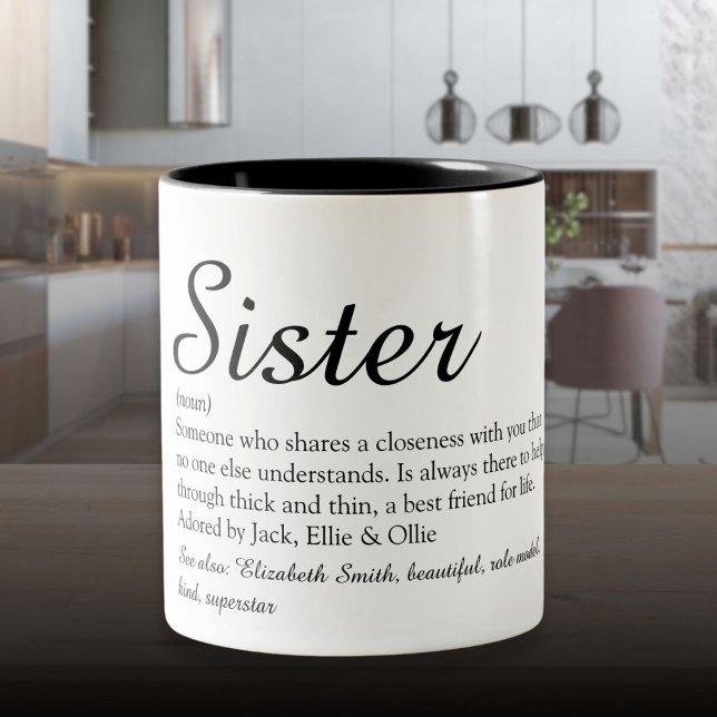 Tasse 2 Couleurs Script chic Noir et blanc Cool définition de soeur (Chic Script Black and White Cool Sister Definition Two-Tone Coffee Mug)