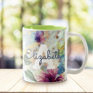 Tasse 2 Couleurs Script d'aquarelle verte fleurie vintage