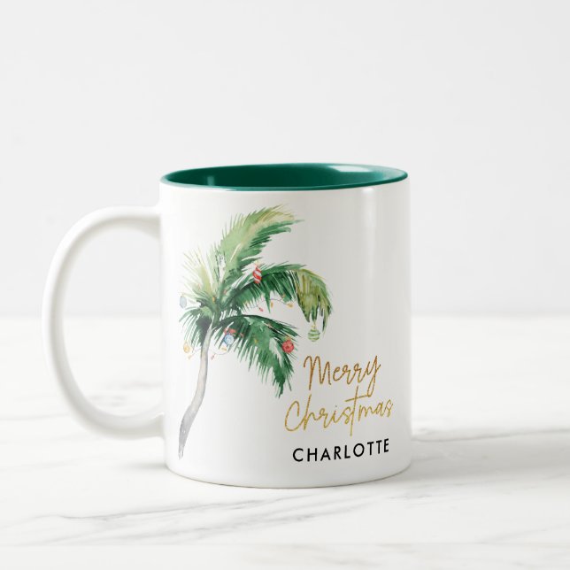 Tasse 2 Couleurs Script de palmier de Noël personnalisé (Gauche)