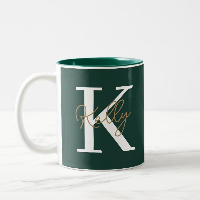 Tasse 2 Couleurs Script moderne Emerald Green Monogram (Gauche)
