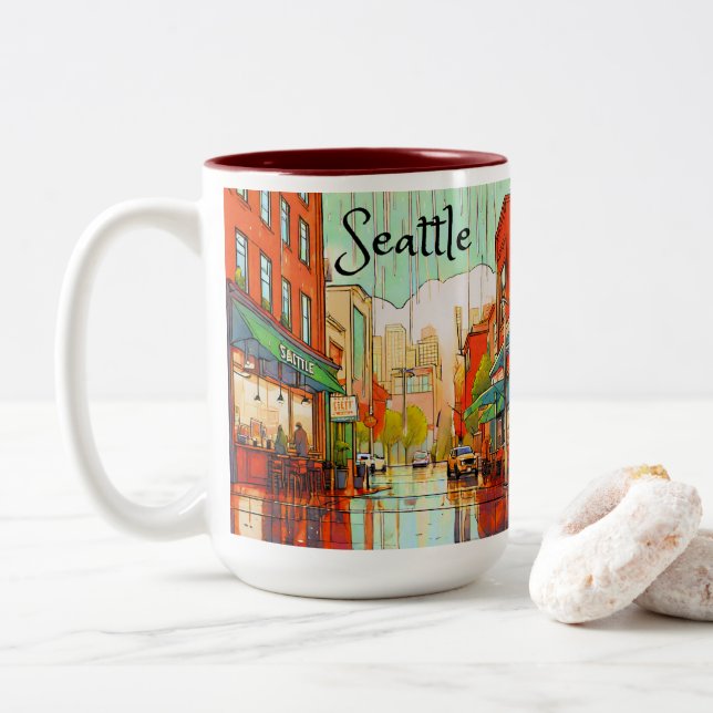 Tasse 2 Couleurs Seattle dans la pluie (Avec donut)