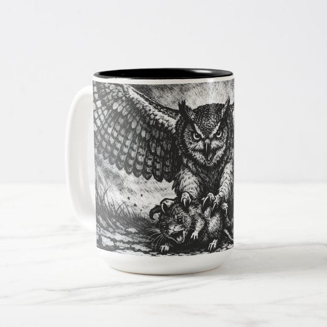 Tasse 2 Couleurs Sentinelle Hibou ailée par BurnsInHell (Devant gauche)