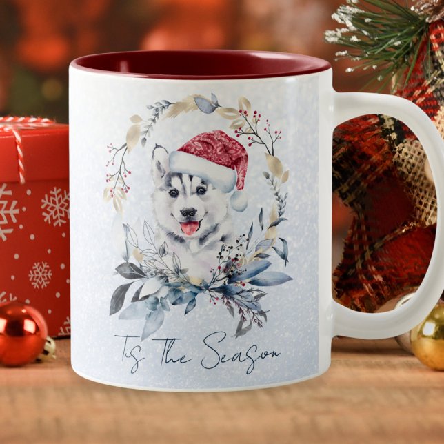Tasse 2 Couleurs Sibérie Husky Chien Blue Gold Wreath Noël (Créateur téléchargé)