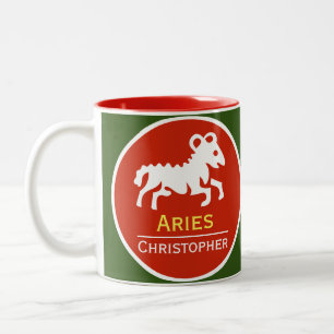 Tasse 2 Couleurs Signe du zodiaque Bélier avec le nom du propriétai