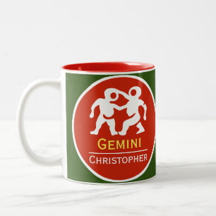 Tasse 2 Couleurs Signe du zodiaque Gémeaux avec le nom du propriéta