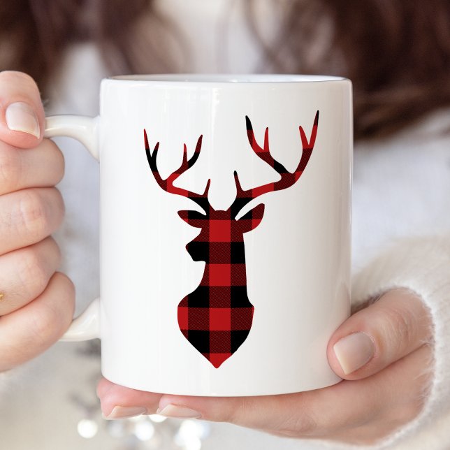 Tasse 2 Couleurs Silhouette de cerfs de Noël Plaid Buffalo Rouge (Créateur téléchargé)
