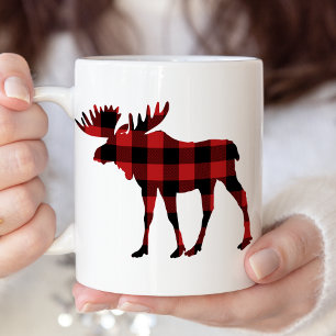 Tasse 2 Couleurs Silhouette d'orignal de Noël Plaid Buffalo rouge