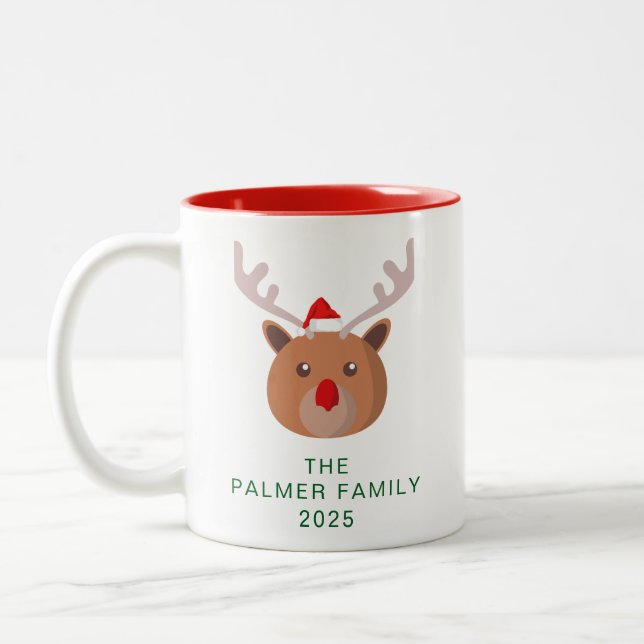 Tasse 2 Couleurs Simple Elegant Reindeer Noël Nom de famille (Gauche)