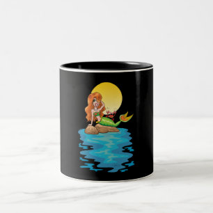 Tasse 2 Couleurs Sirène sur les rochers avec ami sous Lune Jaune