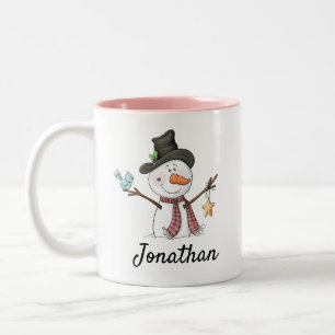 Tasse 2 Couleurs Snowman avec oiseau bleu personnalisable Noël