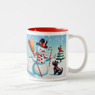 Tasse 2 Couleurs Snowman Rétro, Chien Maigre, Cardinal Rouge Et Arb