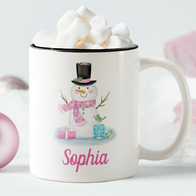 Tasse 2 Couleurs Snowman rose mignon (Personalize this cute pink snowman mug with your name. So fun for christmas!)