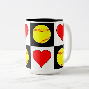 Tasse 2 Couleurs Softballs & Coeurs Motif Cute Fastpitch Softball