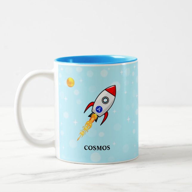 Tasse 2 Couleurs Soleil, planète Terre et fusée sur fond bleu clair (Gauche)