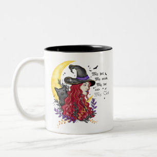 Tasse 2 Couleurs Sorcière, chat noir et lune de croissant