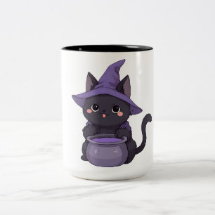 Tasse 2 Couleurs Sorcière Chat Noir Kawaii Chaudron d'Halloween