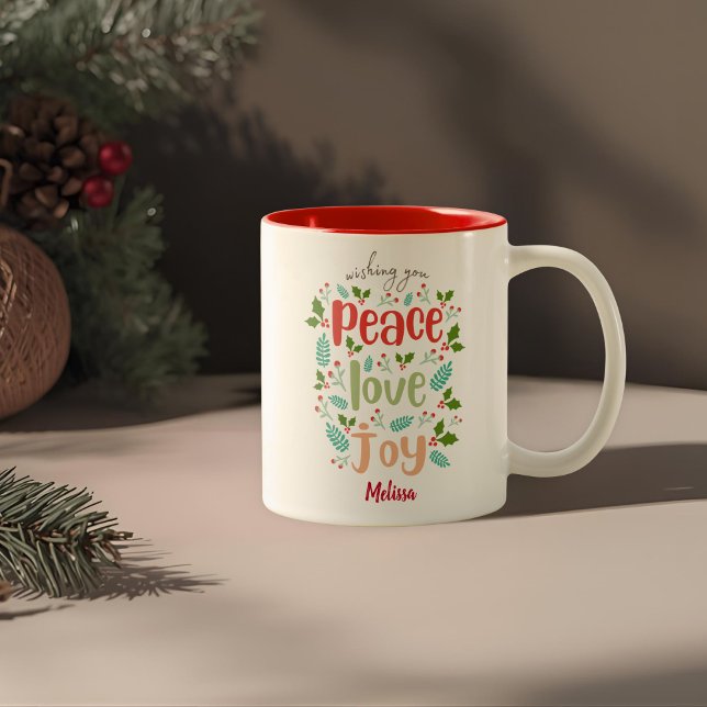 Tasse 2 Couleurs Souhaitez-vous la paix Aimer Joie Votre nom Noël (Créateur téléchargé)