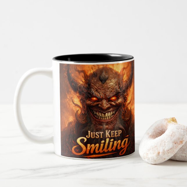 Tasse 2 Couleurs Sourire démoniaque « Continue de sourire » Design (Avec donut)