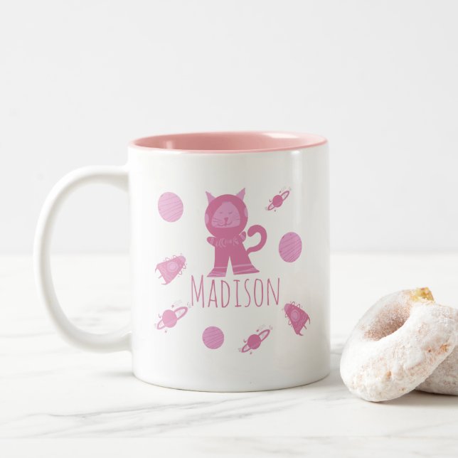 Tasse 2 Couleurs Space Cat Pink Kitten Nom (Avec donut)