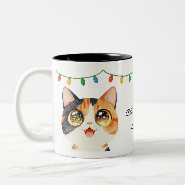 Tasse 2 Couleurs Sparkly-Eyed Cat Holy Christmas Lights (Gauche)