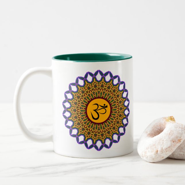 Tasse 2 Couleurs Spirituel Mandala Yoga Om Peacock Kaleidoscope (Avec donut)