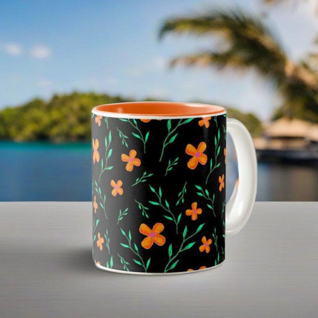 Tasse 2 Couleurs Style Black Orange Aquarelle Motif Floral (Créateur téléchargé)