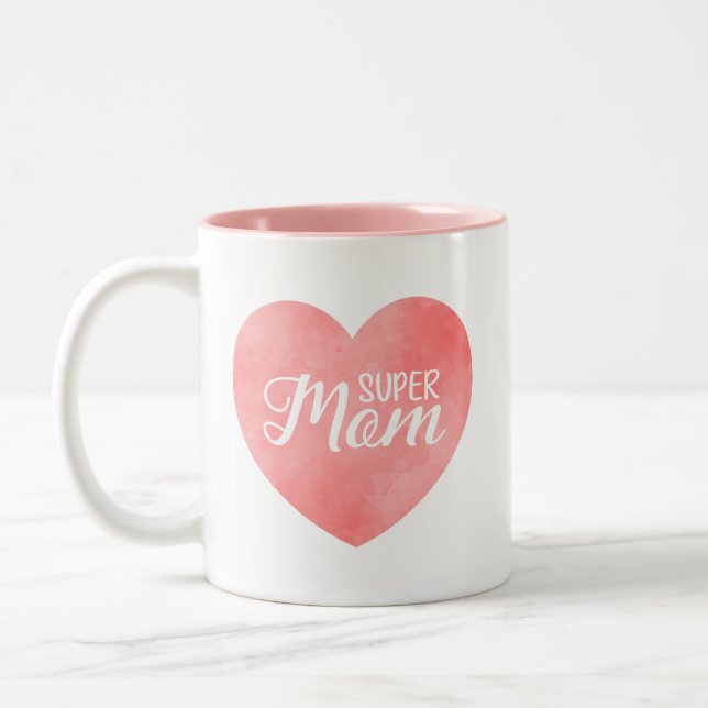 Tasse 2 Couleurs Super Maman texte dans le coeur rose peint (Gauche)