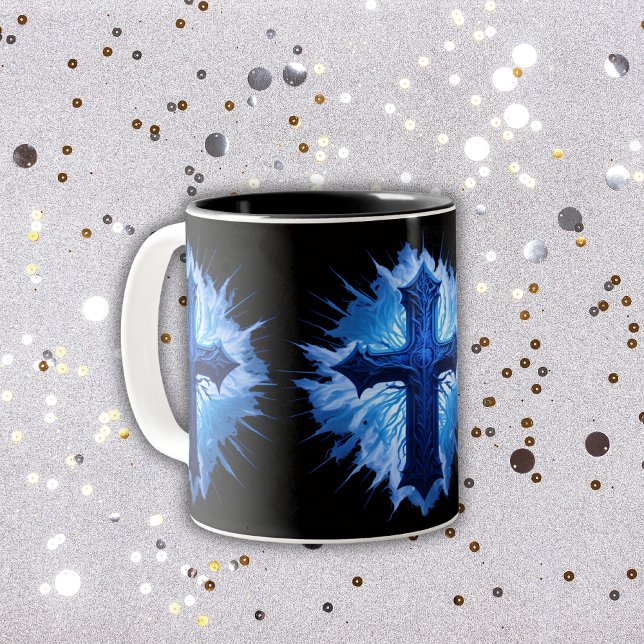 Tasse 2 Couleurs Superbe Croix Bleue Chrétienne sur noir | (Créateur téléchargé)