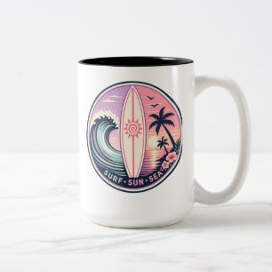 Tasse 2 Couleurs Surf • Soleil • Badge de vague tropicale rétro de