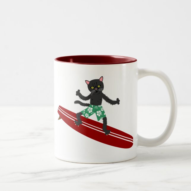 Tasse 2 Couleurs Surfer de Longboard de chat noir (Droit)