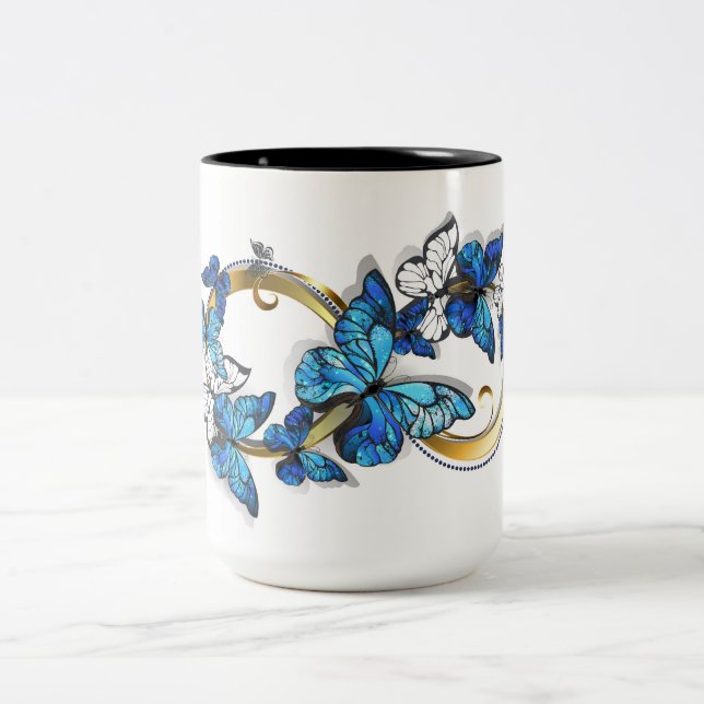 Tasse 2 Couleurs Symbole infini de papillons Morpho bleus (Centre)
