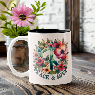 Tasse 2 Couleurs SYMBOLE les années 70 Puppy & Floral Retro "Paix &
