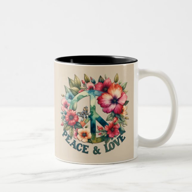 Tasse 2 Couleurs SYMBOLE les années 70 Puppy & Floral Retro "Paix & (Droit)
