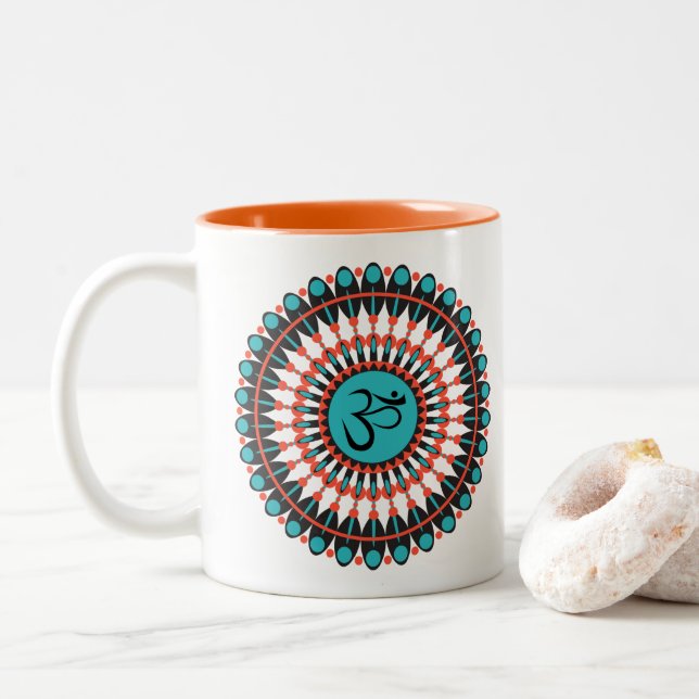 Tasse 2 Couleurs Symbole Om Mandala Spirituel Turquoise Géométrique (Avec donut)