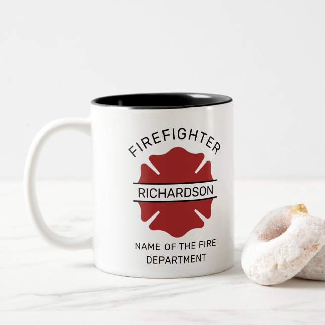Tasse 2 Couleurs Symbole pompier personnalisé Service d'incendie (Avec donut)