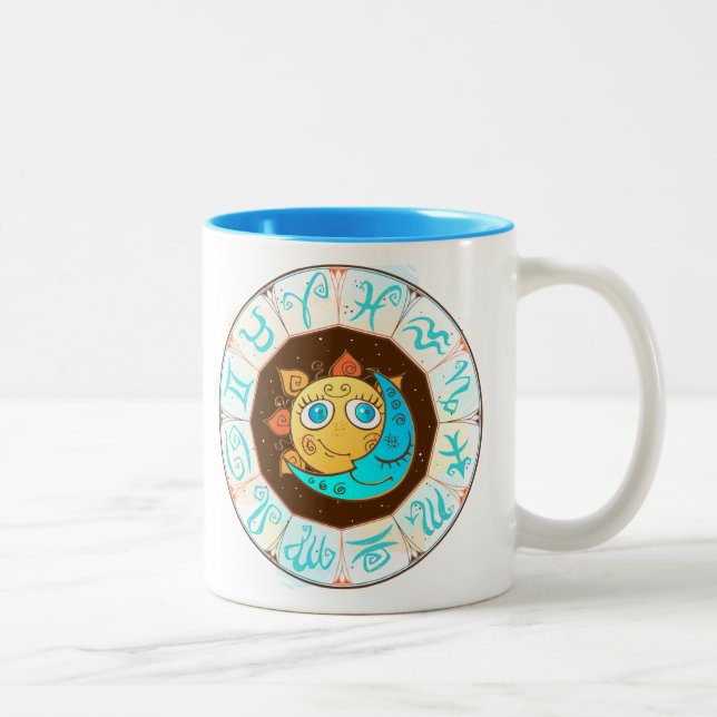 Tasse 2 Couleurs Symboles zodiaques avec Doodles de lune de soleil (Droit)