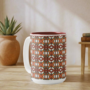 Tasse 2 Couleurs Symétrie Tribale Orange, Turquoise, Marron