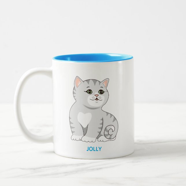 Tasse 2 Couleurs Tabby Kitty Cat gris argent et texte personnalisé  (Gauche)