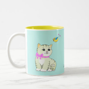 Tasse 2 Couleurs Tabby Kitty Chat et Little Bird sur bleu clair