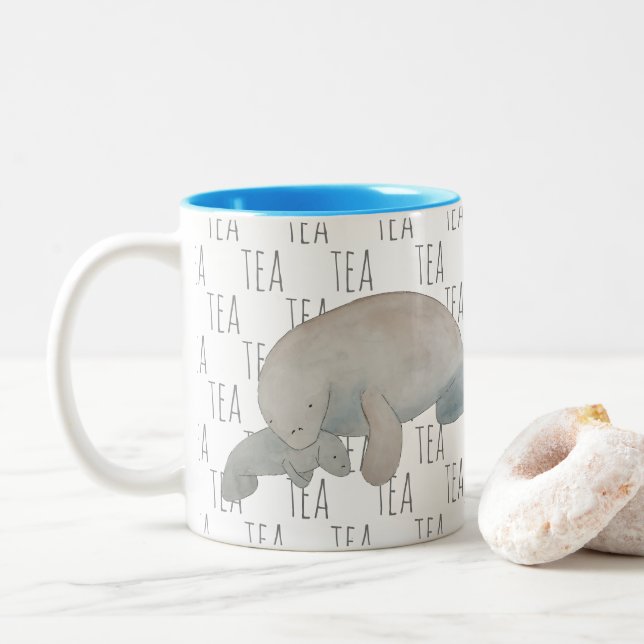Tasse 2 Couleurs Tea Marine Mammal Aquarelle Mère Bébé Manat (Avec donut)