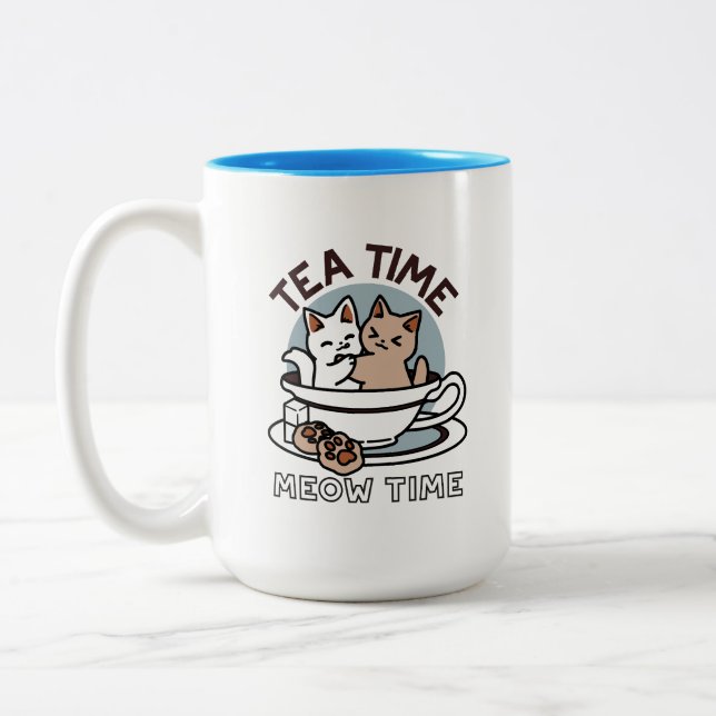 Tasse 2 Couleurs Tea Time Meow Time - Cute Cat and Tea Design (Gauche)