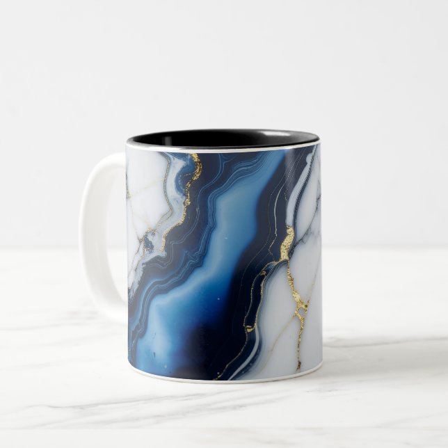 Tasse 2 Couleurs texture de marbre blanc bleu motif or luxe (Devant gauche)