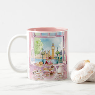 Tasse 2 Couleurs Thé de café Londres romantique et aquarelle rose p