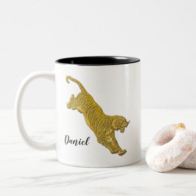 Tasse 2 Couleurs Tigre d'or votre texte (Avec donut)