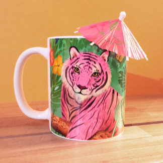 Tasse 2 Couleurs Tigre rose et perroquet dans la jungle tropicale