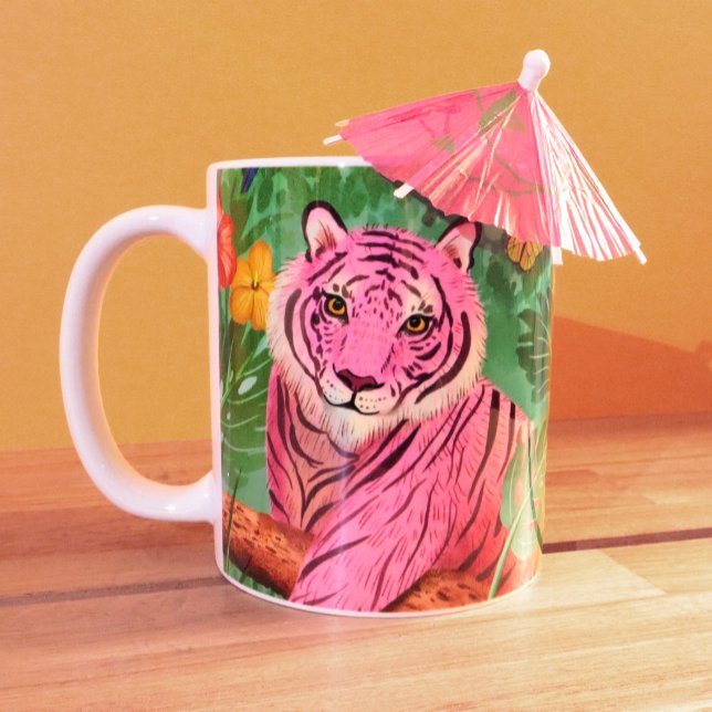 Tasse 2 Couleurs Tigre rose et perroquet dans la jungle tropicale (Créateur téléchargé)