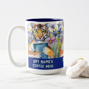 Tasse 2 Couleurs Tigre tenant un gros livre   N'importe quel nom   
