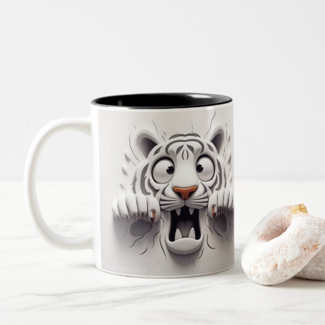 Tasse 2 Couleurs Tigres blancs effrayés 3D Animaux amusants (Avec donut)