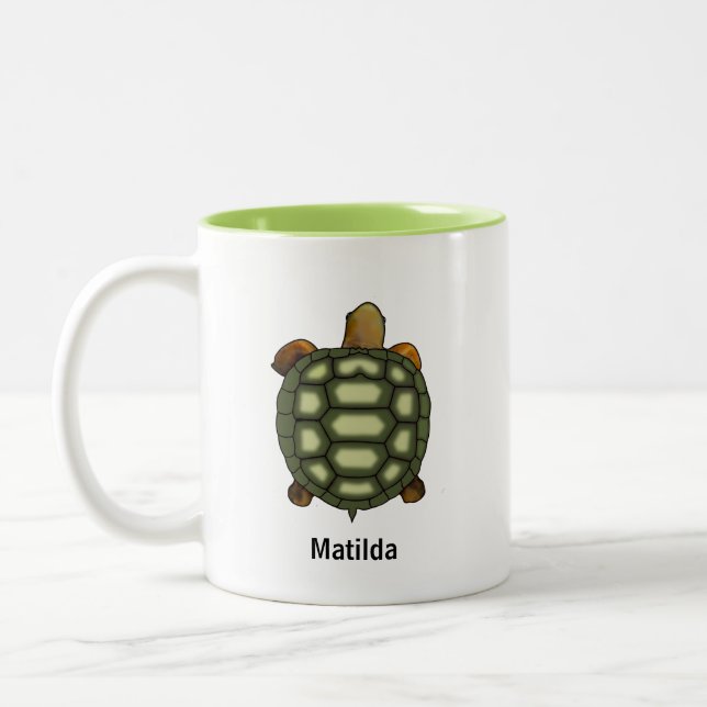 Tasse 2 Couleurs Tortue verte avec nom et monogramme modifiables (Gauche)